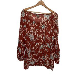 Tommy Bahama XL Rust Orange Blue‎ Floral 100% Cupro Semi Sheer Tunic Top Blouse